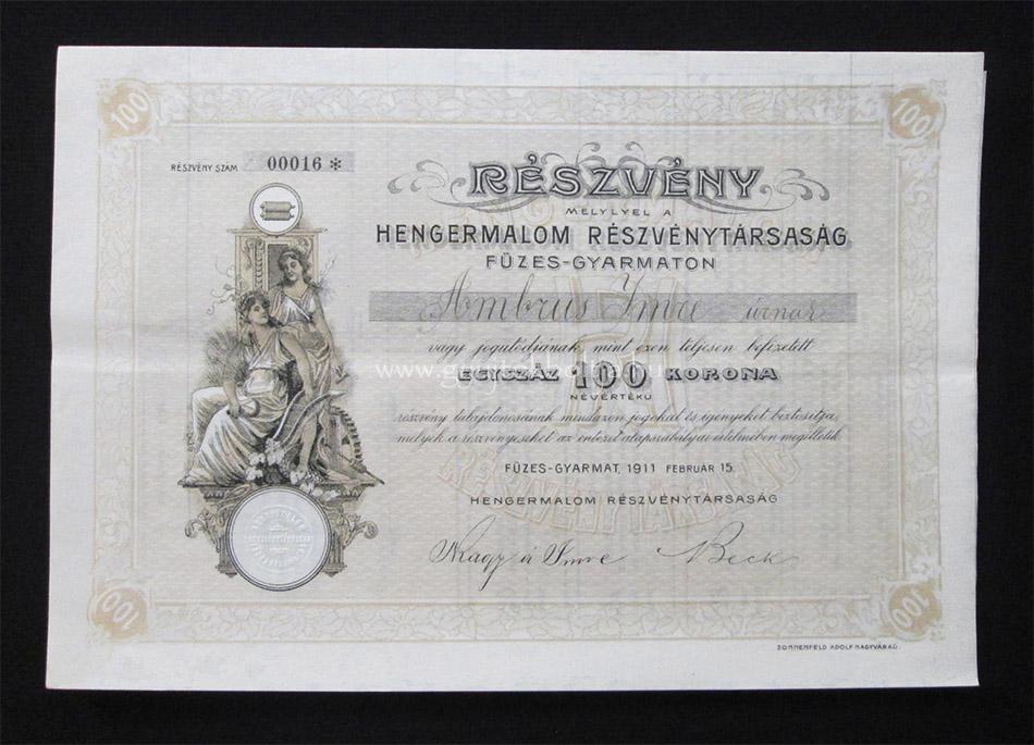 Hengermalom Rszvnytrsasg Fzesgyarmaton 100 korona 1911
